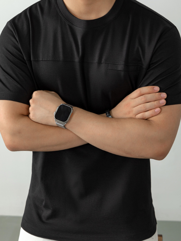 液氨T恤男短袖夏季冰絲涼感寬鬆半袖黑白色高端假口袋時尚設計感