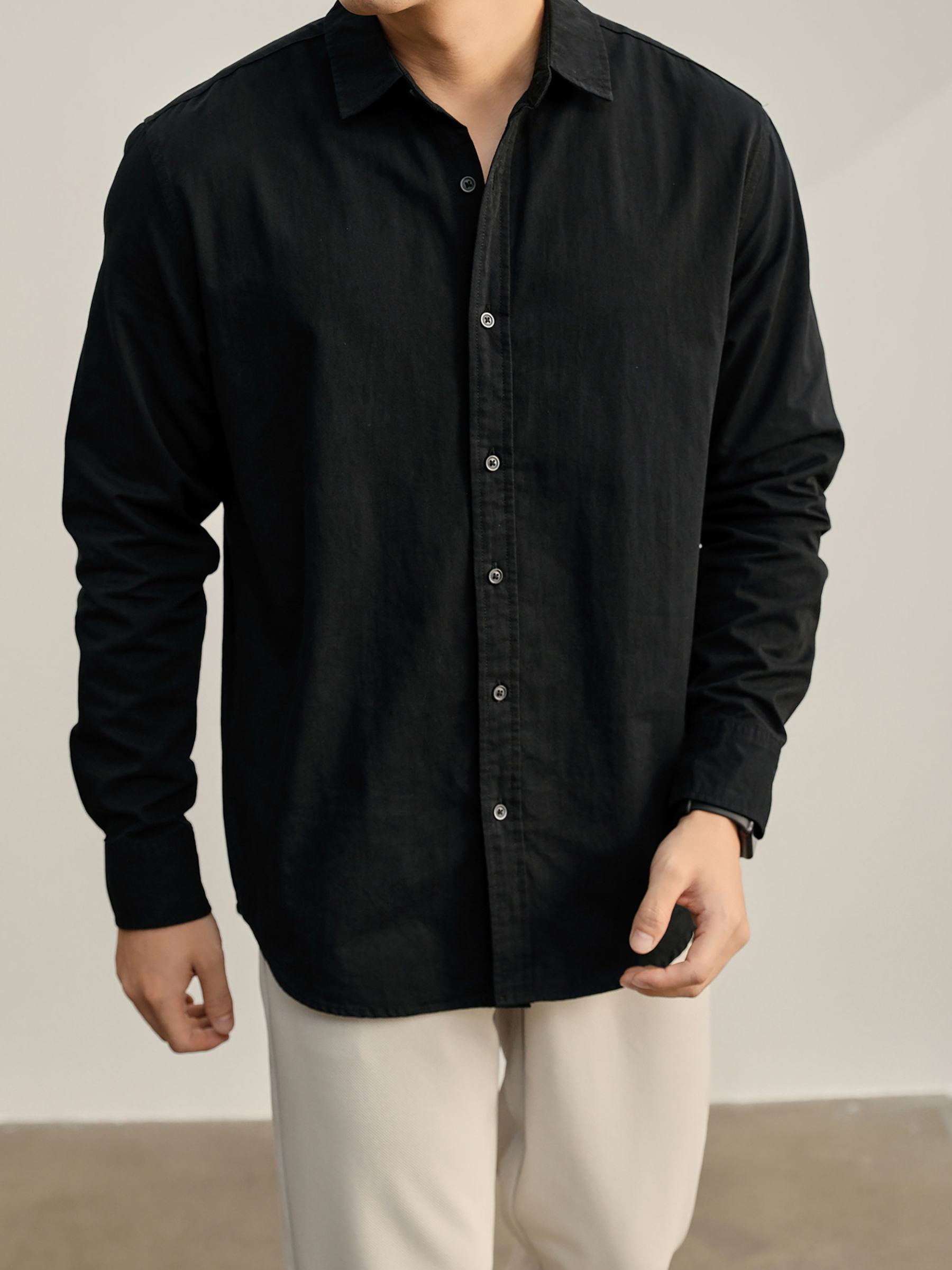 高端韓版100%純棉翻領襯衫男秋季純色時尚百搭長袖寸衣外套