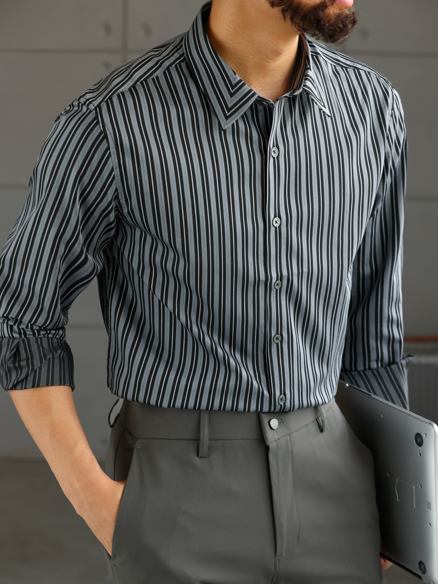 【紳士型格】高端商務莫代爾條紋襯衫男免燙休閒長袖襯衣