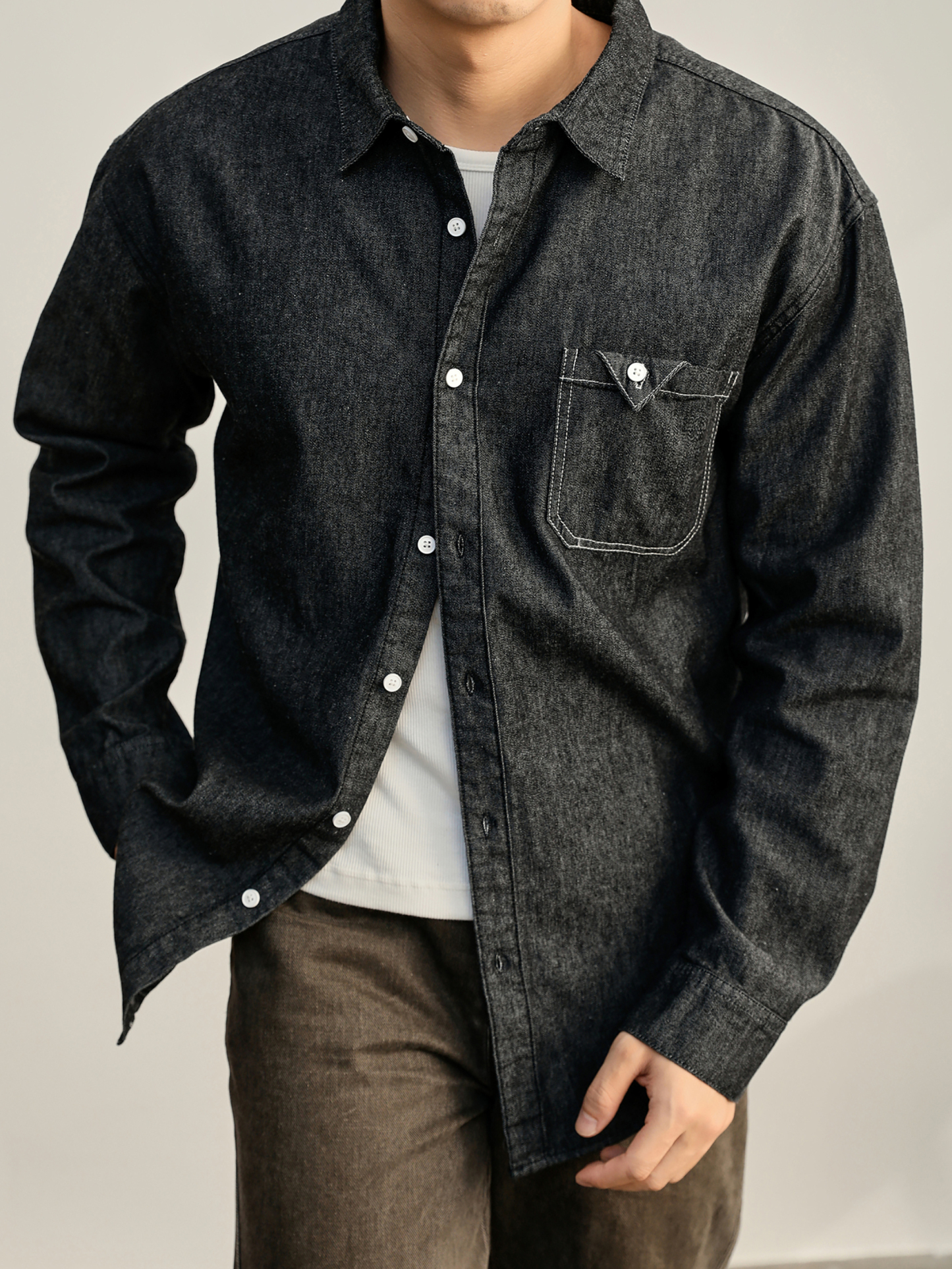 美式復古輯明線貼布口袋牛仔長袖襯衫男秋季水洗棉襯衣外套