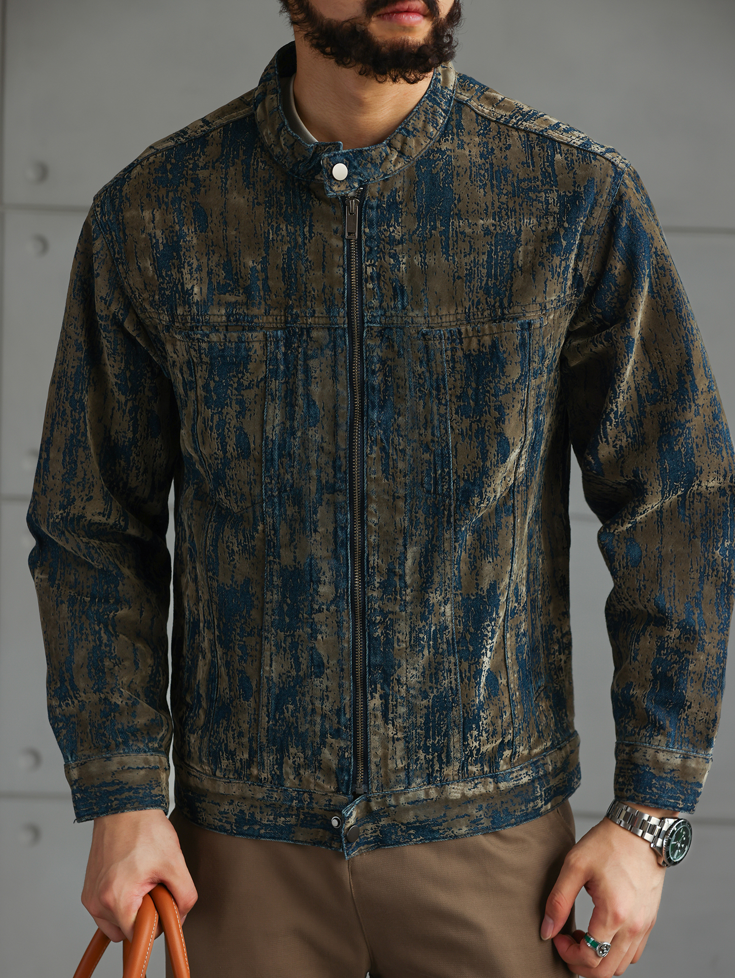 【南法時光】藝術植絨牛仔夾克男秋冬季斑駁做舊休閒外套