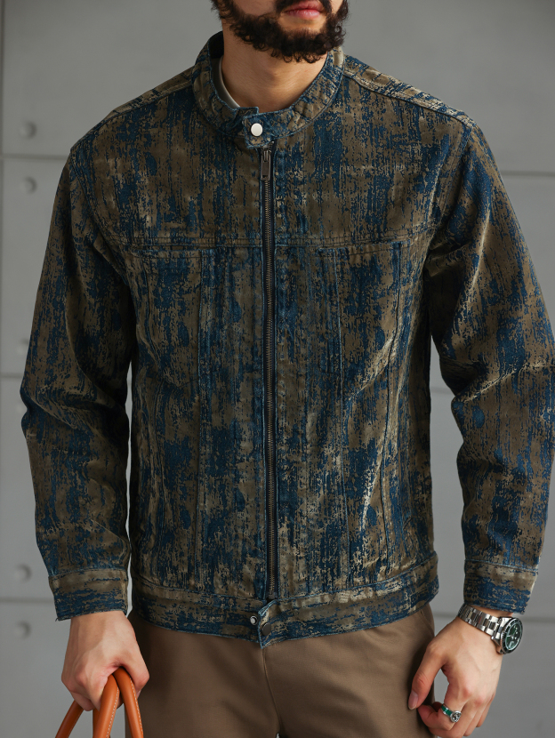 【南法時光】藝術植絨牛仔夾克男秋冬季斑駁做舊休閒外套