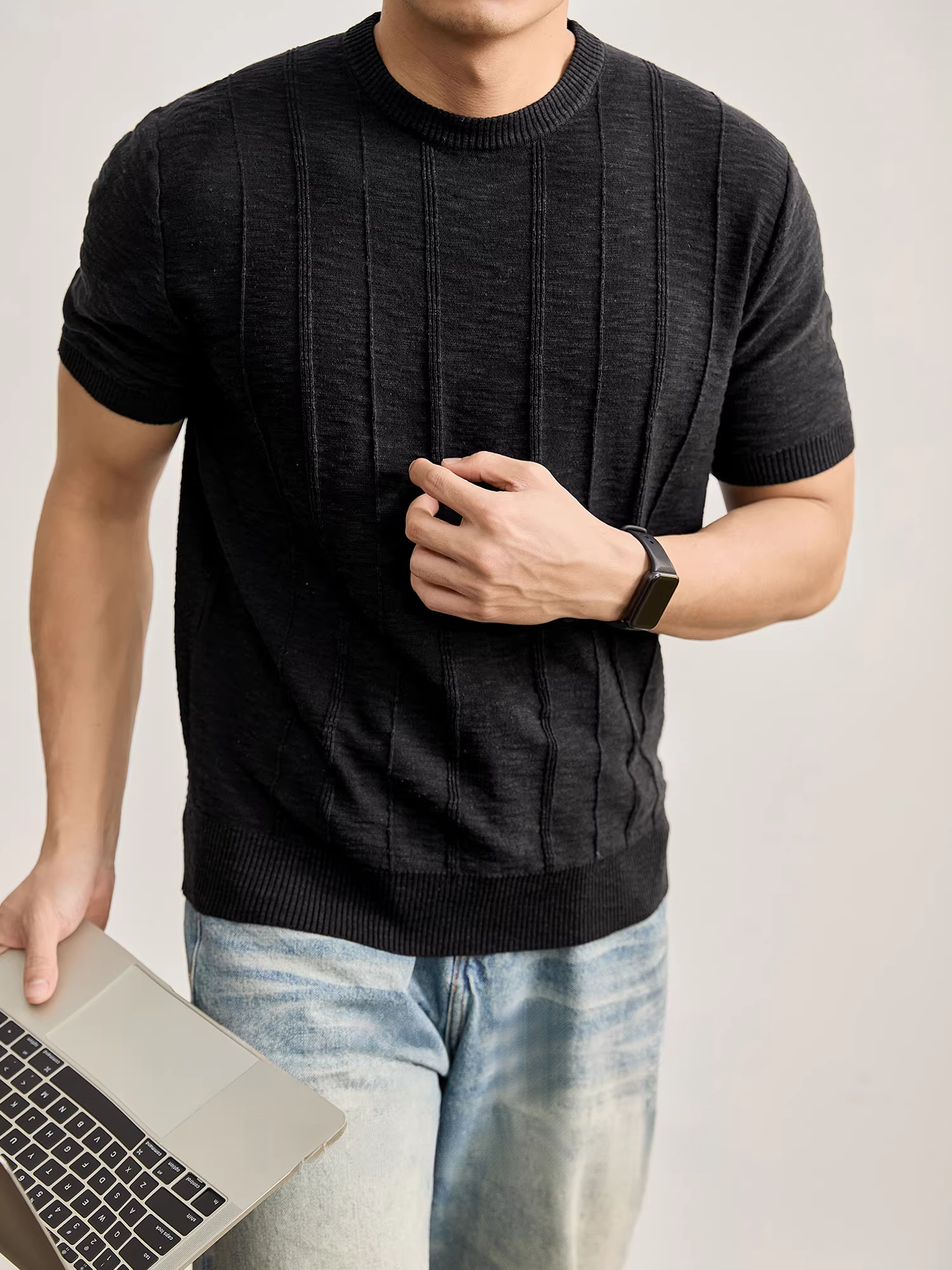 夏季男士豎條肌理感針織棉麻短袖T恤衫花紗混色亞麻圓領上衣