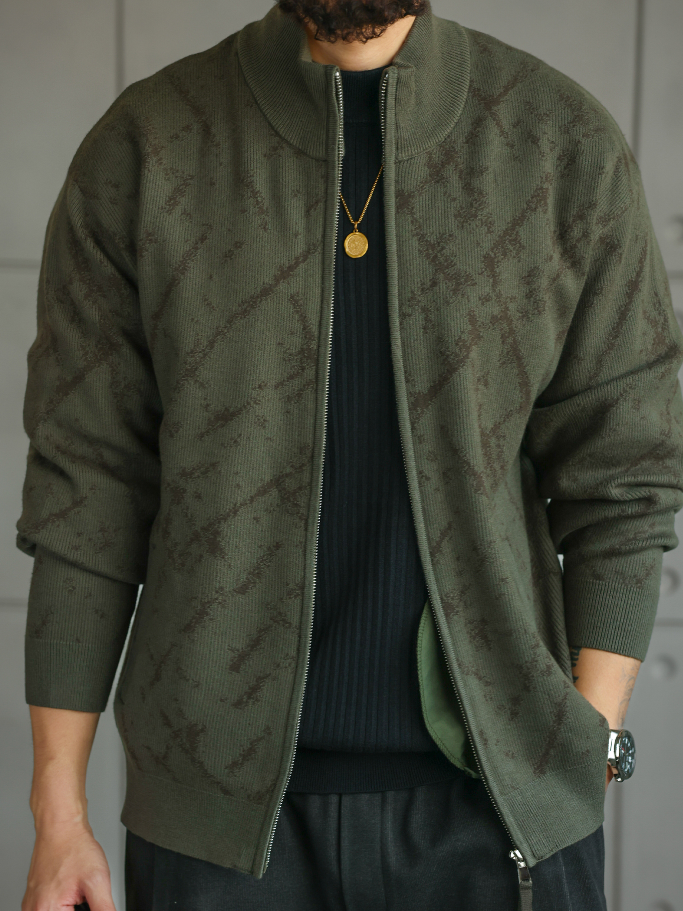 【智感鬆弛】精緻格調花紋針織開衫男士拉鍊外套立領毛衣