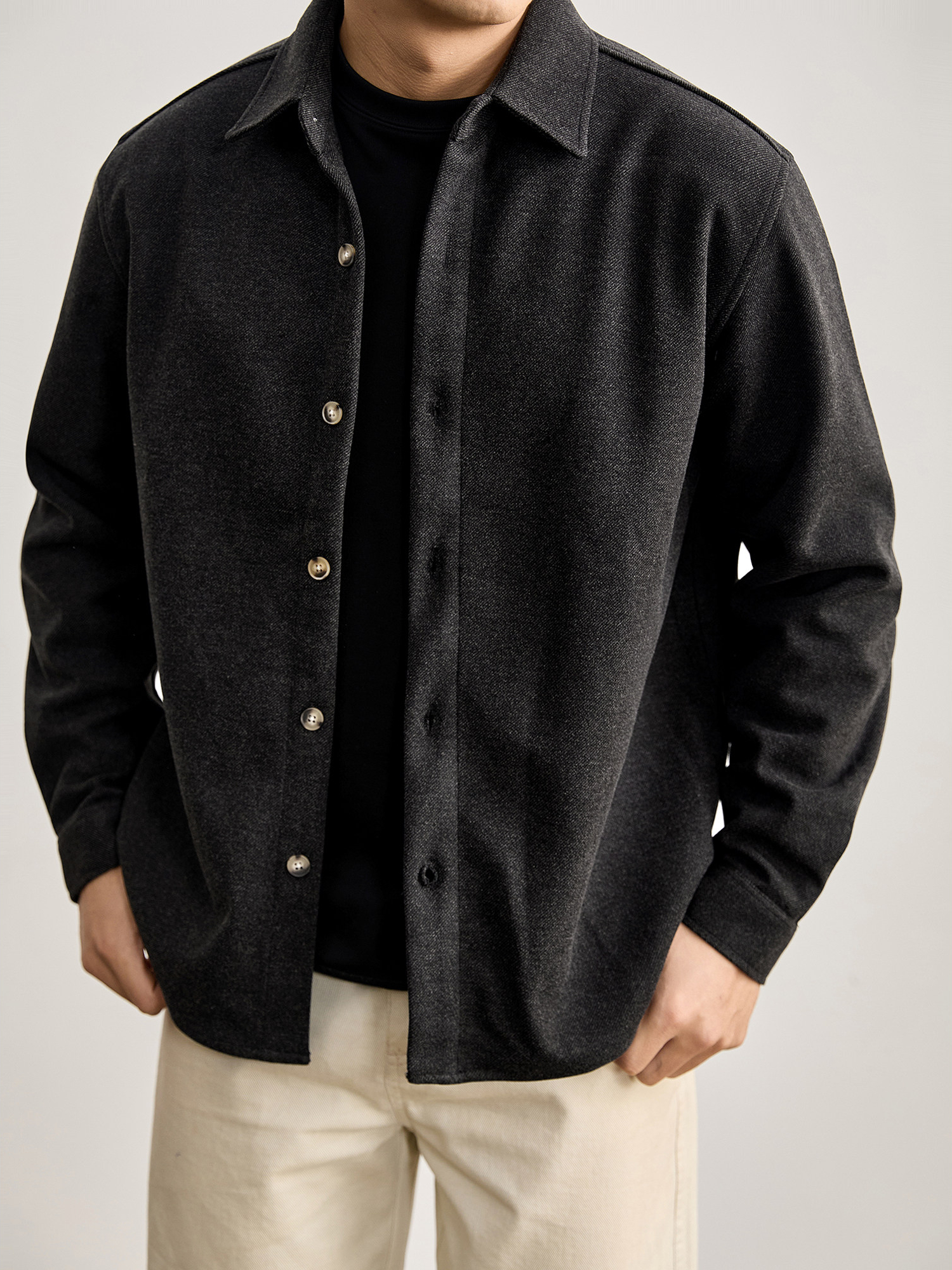 儒雅新貴磨毛毛呢翻領襯衫男春老錢定製樹脂扣翻領襯衣