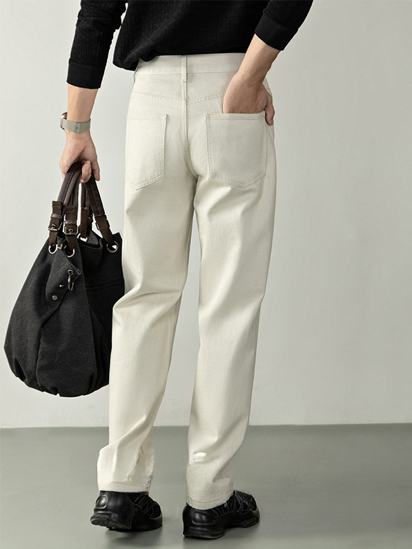 【100%純棉】高級水洗米色微闊牛仔褲男時尚百搭直筒長褲秋冬2025