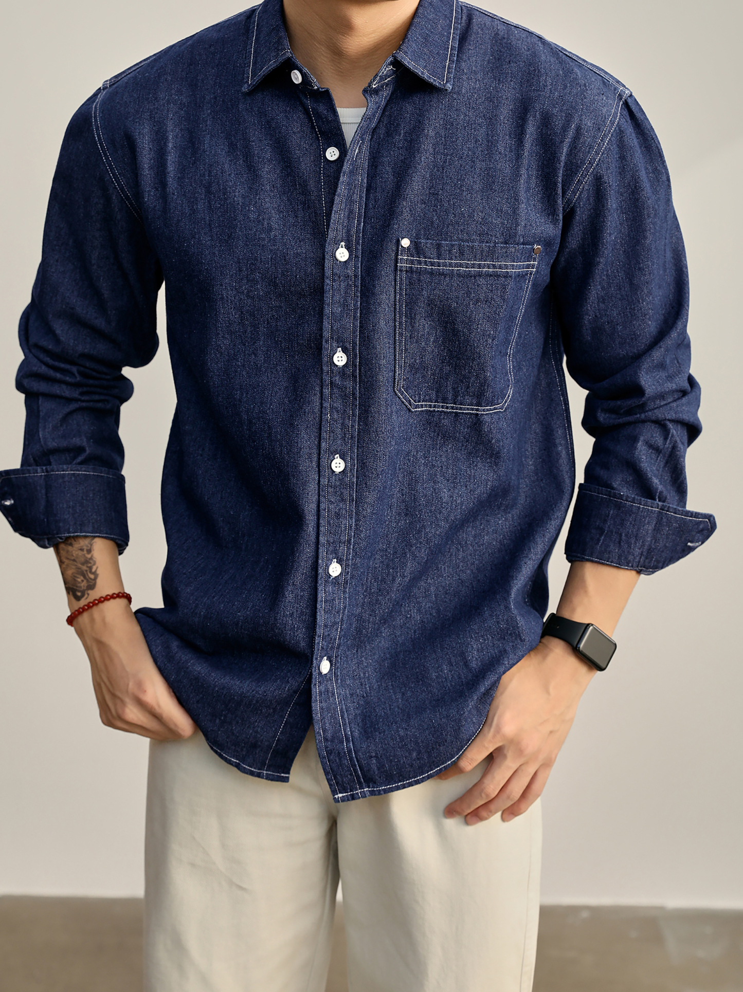 美式復古輯明線鉚釘貼袋設計100%純棉牛仔長袖男士襯衫外套
