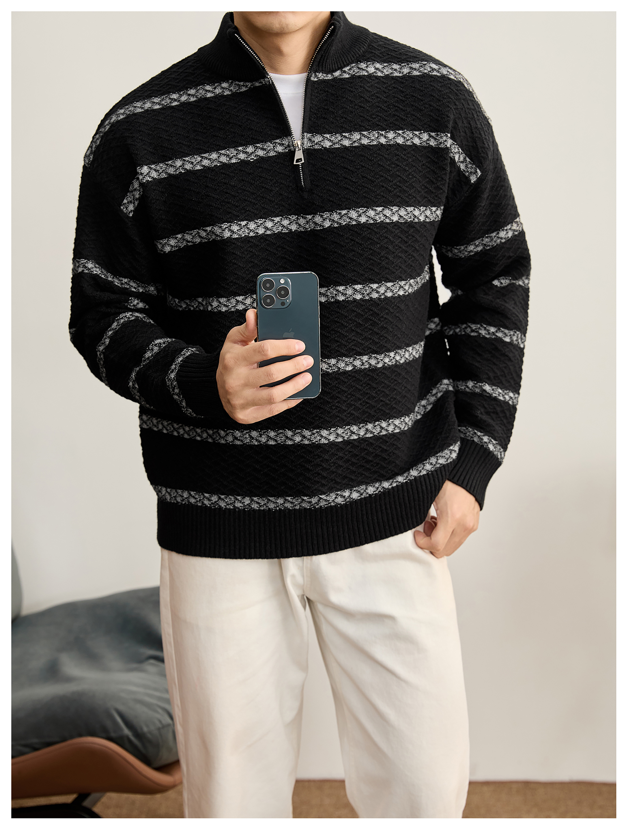 菱形肌理提花撞色條紋拉鍊半高領針織衫男秋冬保暖親膚毛衣