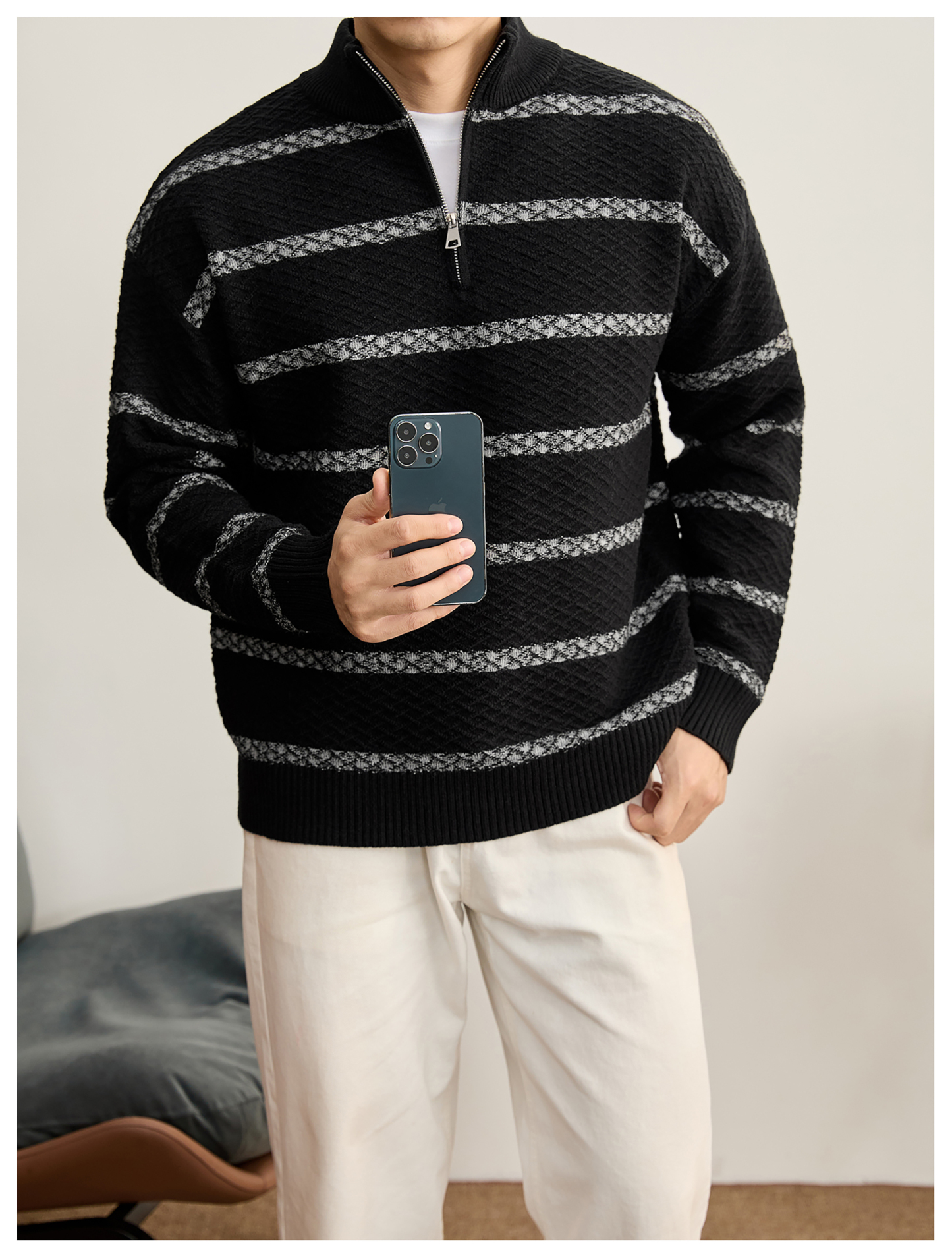 菱形肌理提花撞色條紋拉鍊半高領針織衫男秋冬保暖親膚毛衣