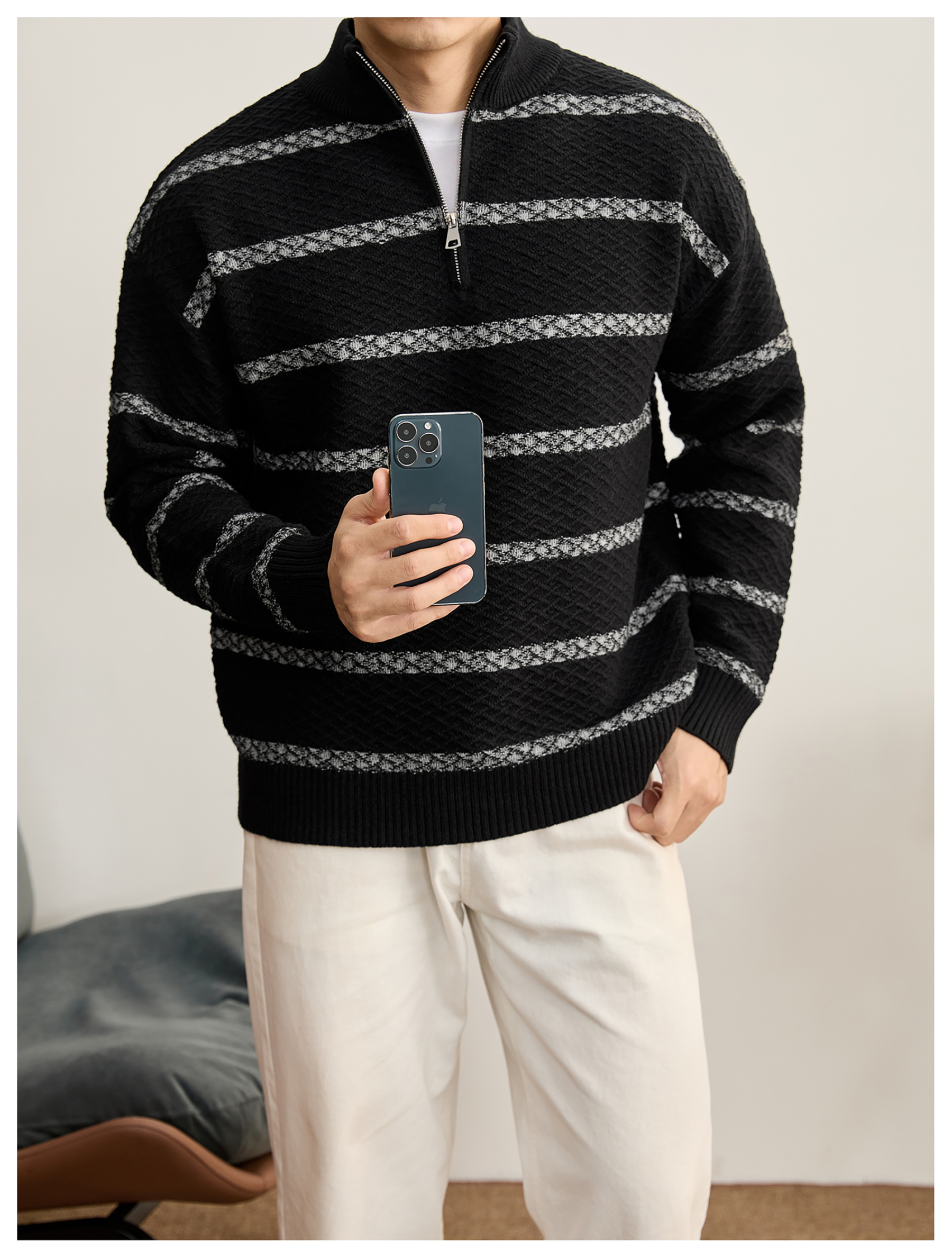 菱形肌理提花撞色條紋拉鍊半高領針織衫男秋冬保暖親膚毛衣