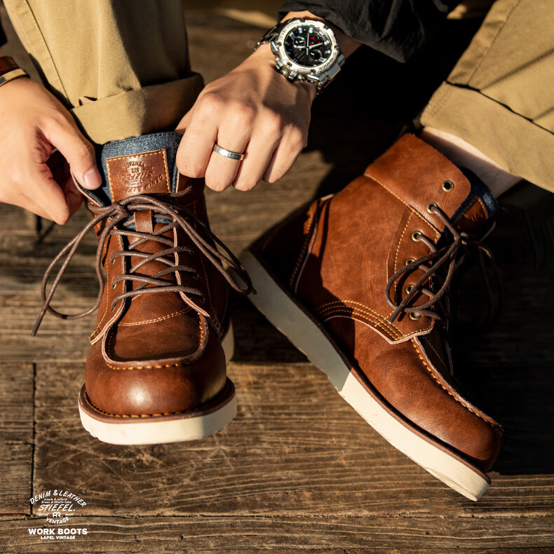 翻領復古工裝靴男靴冬季英倫風牛仔高幫皮靴子百搭短靴馬丁靴-Retro's Wear