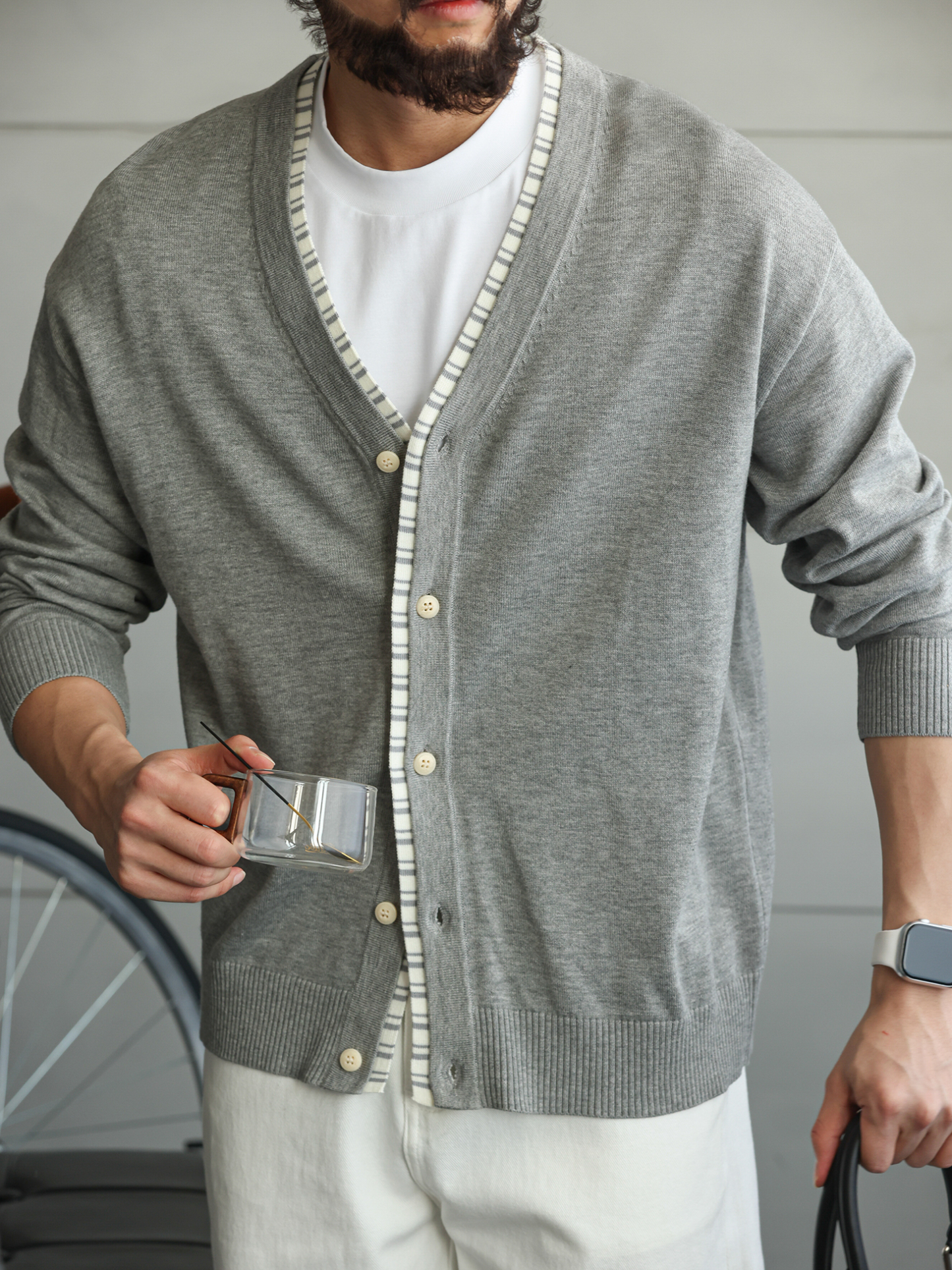 高密28針織帶拼接針織開衫男商務休閒修身長袖V領薄外套