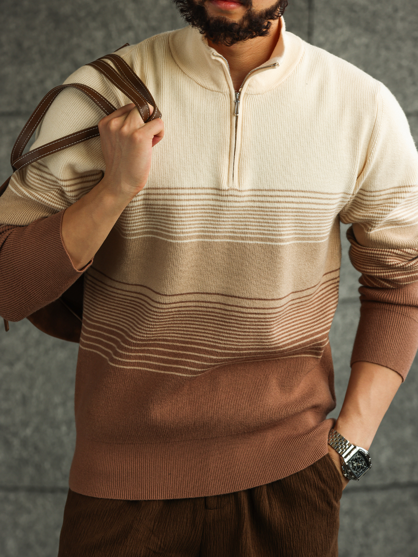 【沙丘牧者】意式立領半拉鍊漸變針織毛衣男士休閒POLO衫