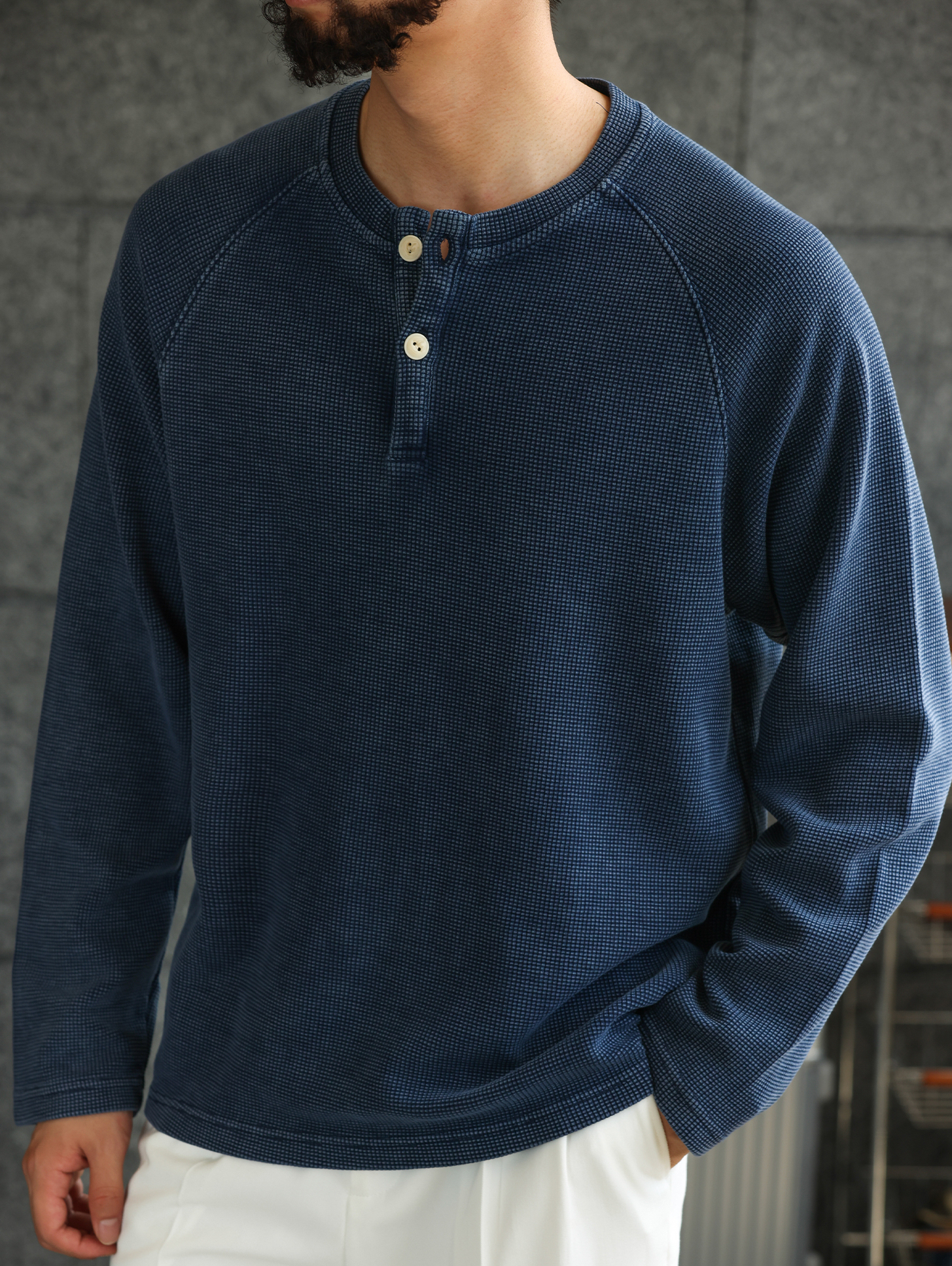 【紳士型格】水洗長袖亨利衫T恤男士美式華夫格打底衛衣