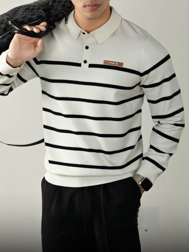 高端綿羊毛莫代爾黑白條紋Polo針織衫秋冬翻領針織衫