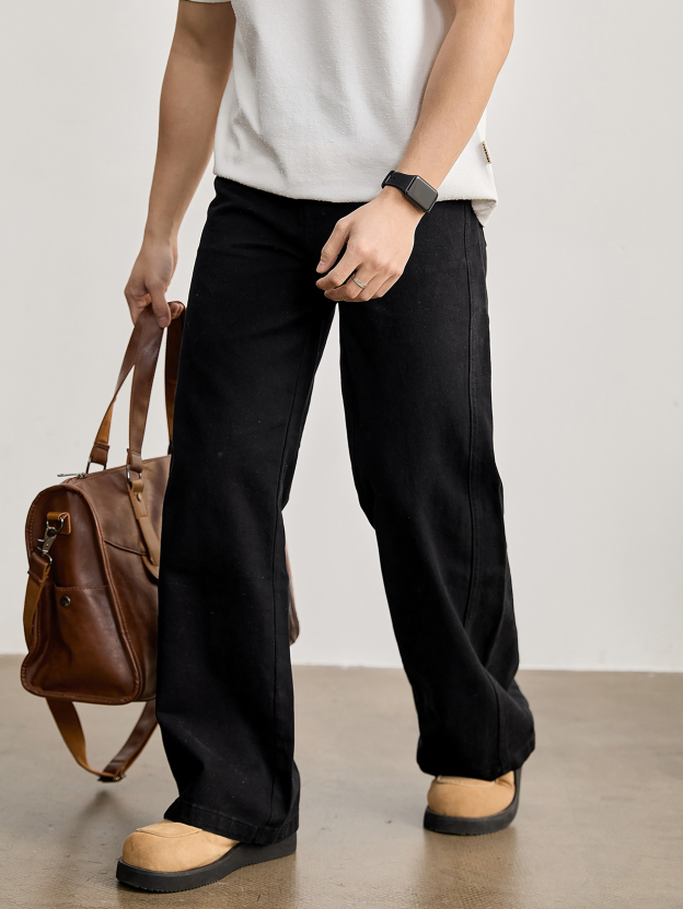 370g碳磨斜紋無彈布直筒牛仔褲男春季100純棉水洗休閒闊腿褲