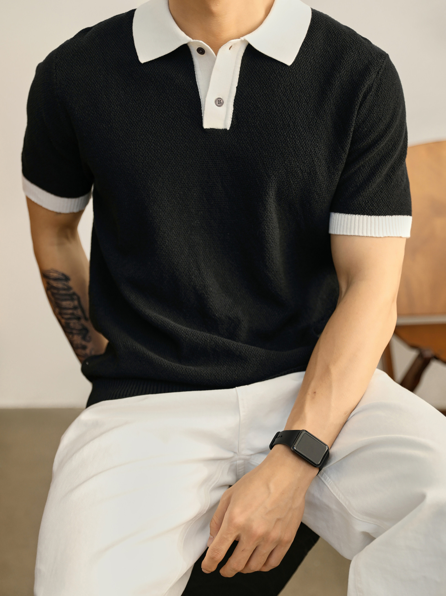 都市輕熟風撞色翻領Polo衫男夏季時尚休閒針織衫純棉上衣