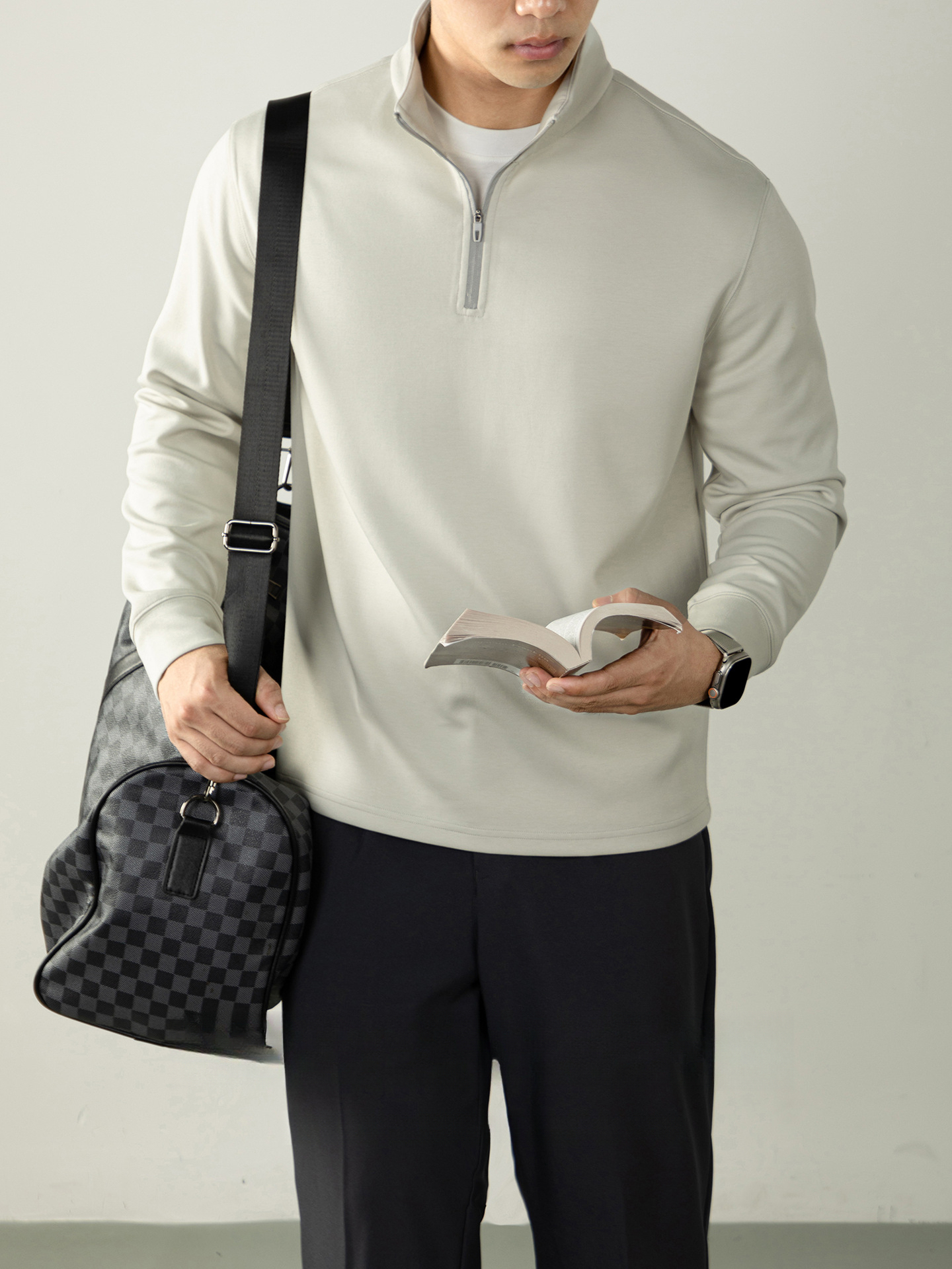 【親膚莫代爾】日系320G重磅半拉鍊立領衛衣男高端商務通勤慵懶風