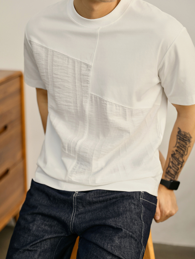 輕奢肌裏感拼接面料設計T恤男士簡約休閒微闊百搭圓領短袖衫