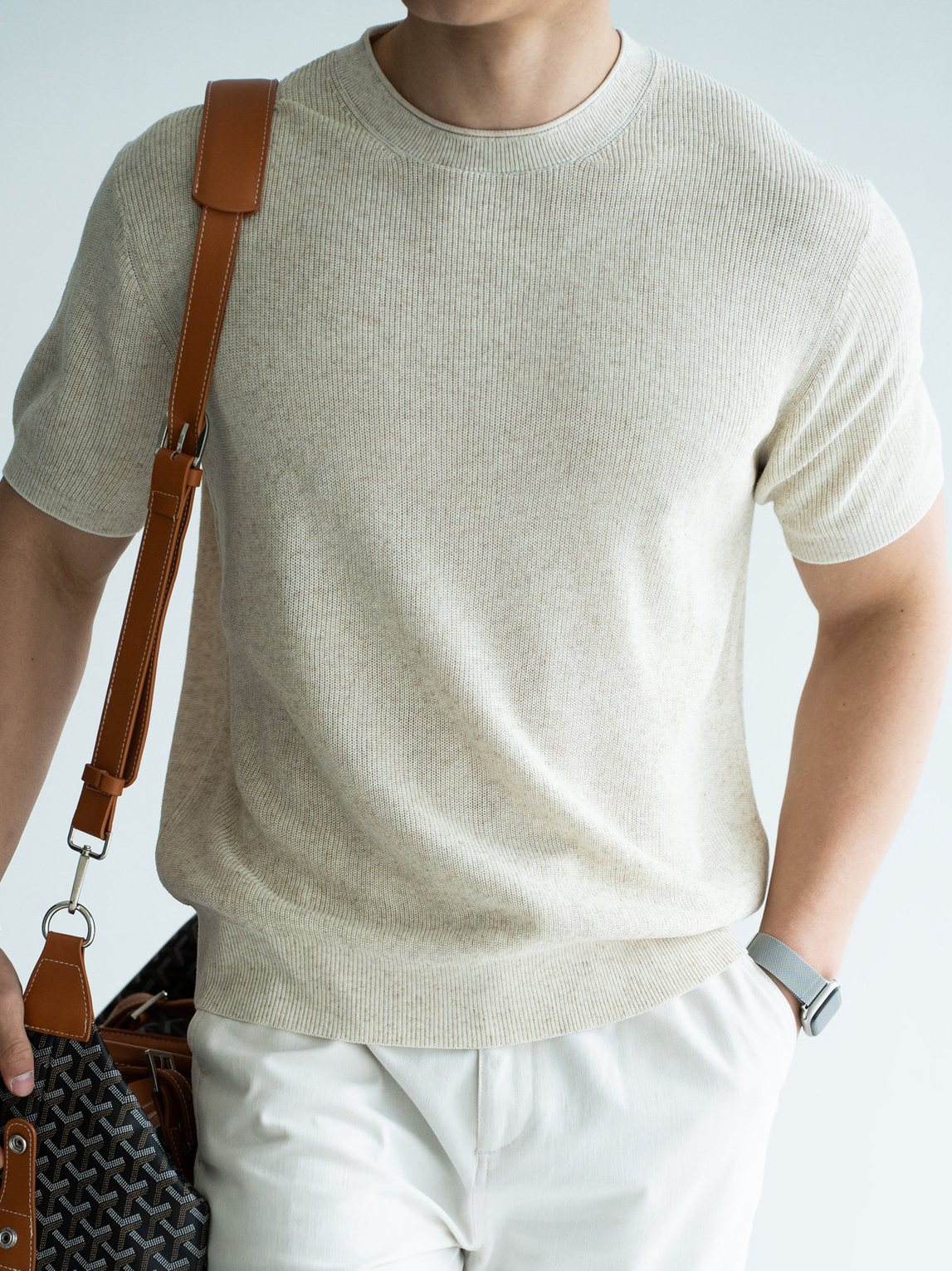 豎紋肌理萊塞爾混紡針織T恤男士2026春季新款老錢風透氣羅紋毛衣