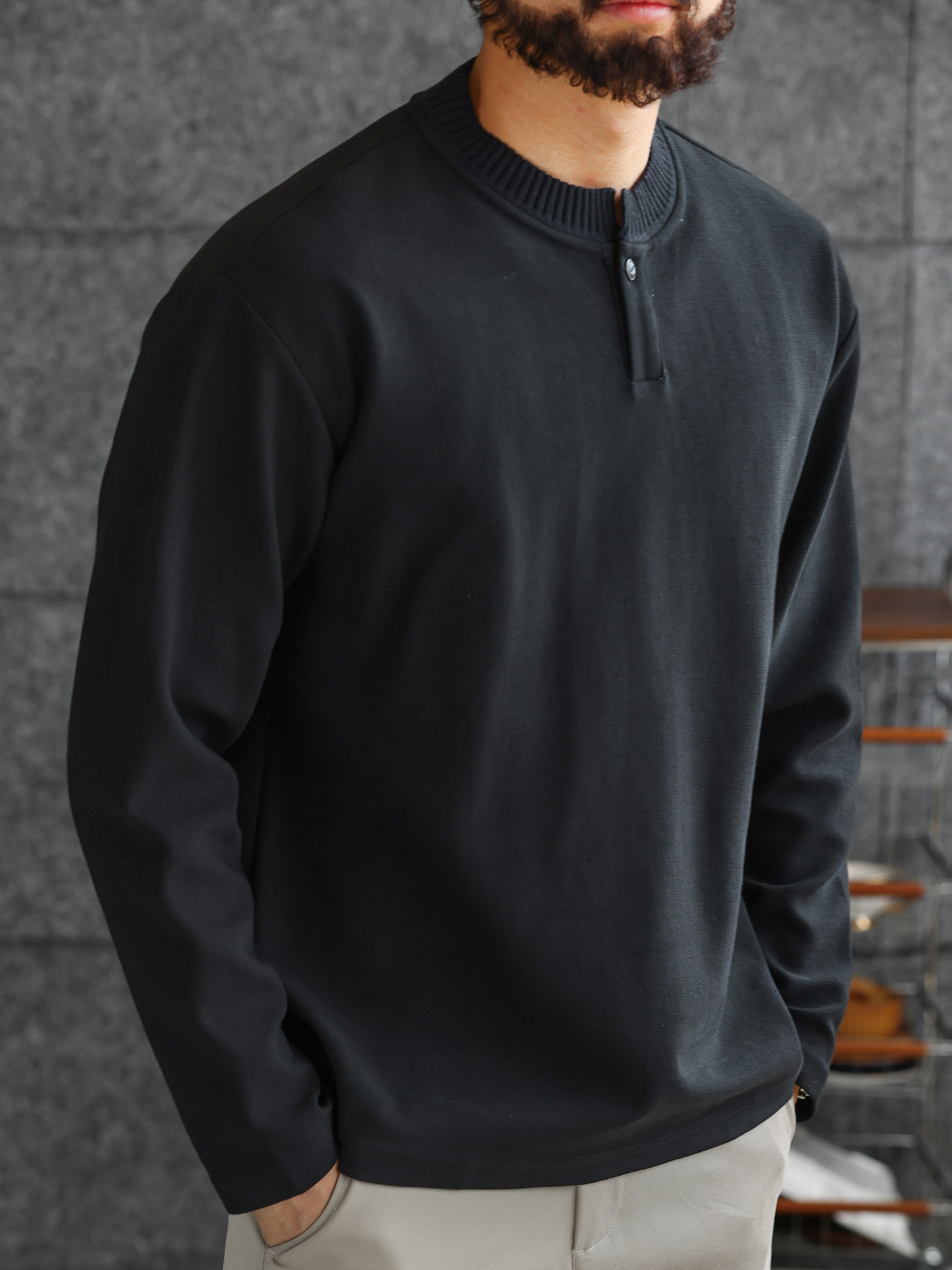 【紳士型格】針織亨利領緞紋肌理長袖T恤男士休閒打底衫