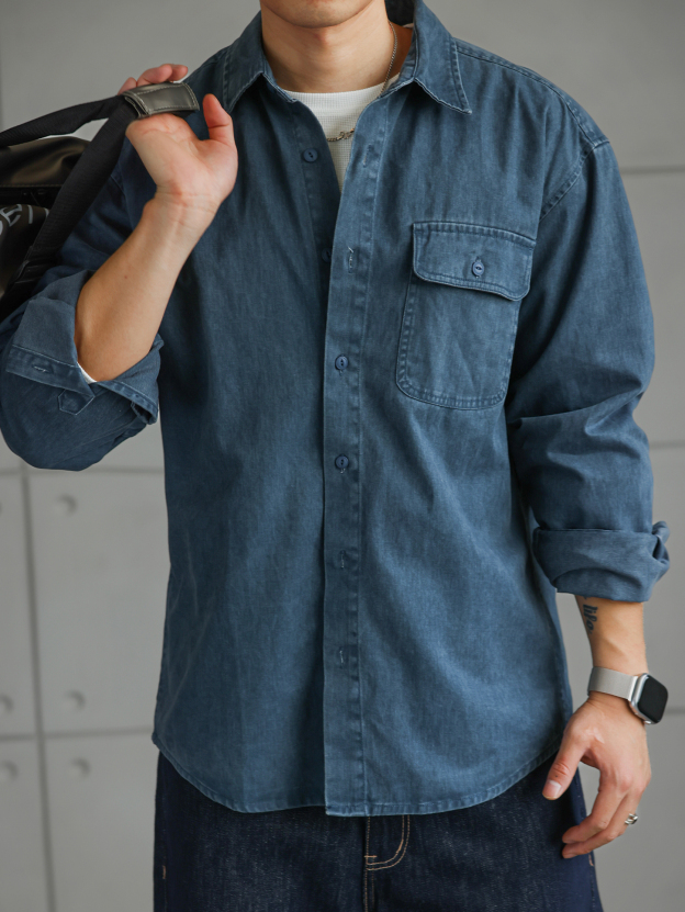 【多瑙河畔】法工藍仿牛仔不掉色襯衣男秋季輕熟紳士襯衫