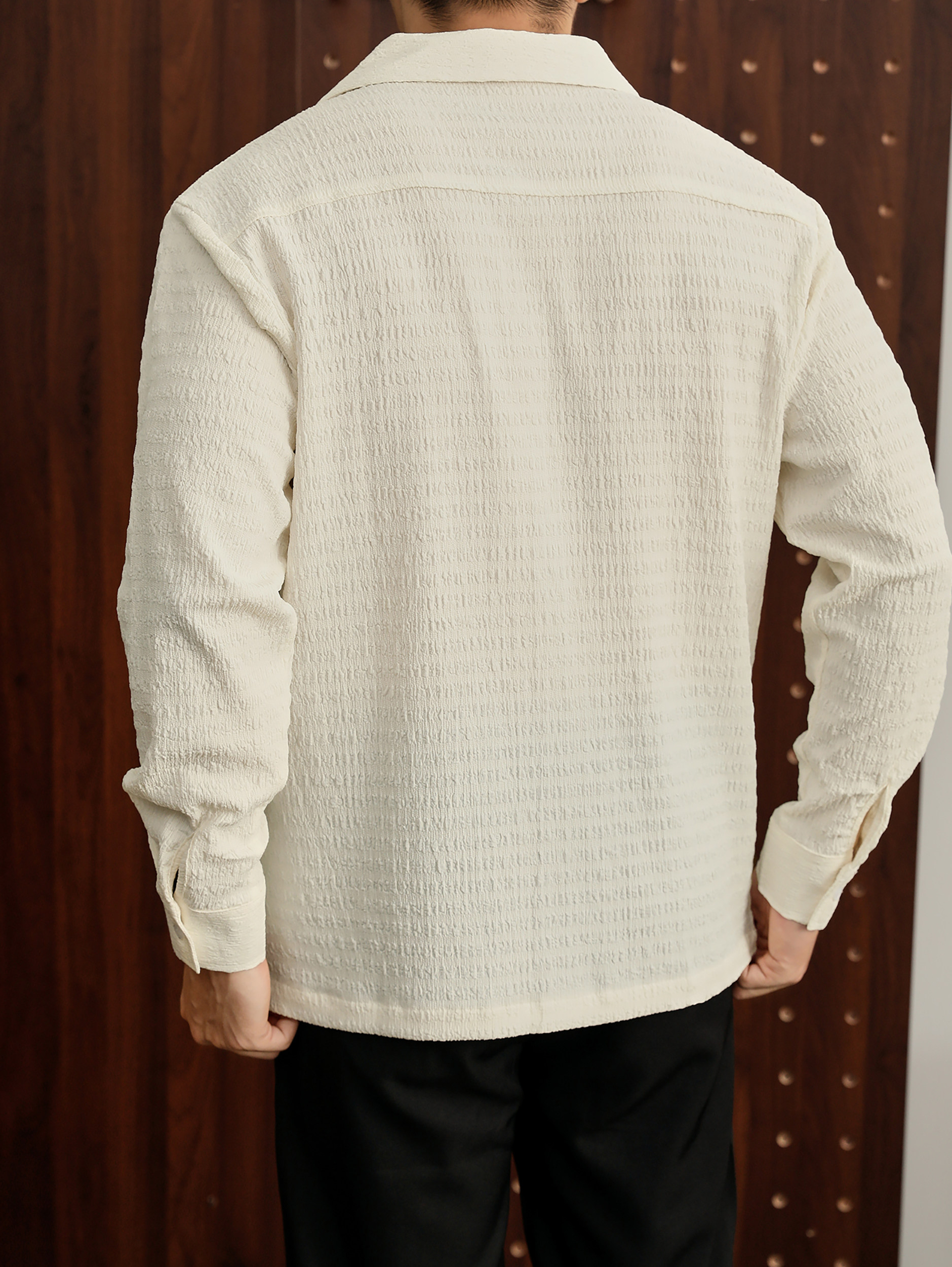 儒雅老錢風提花皺感古巴領長袖襯衫男泡泡紗肌理感襯衣