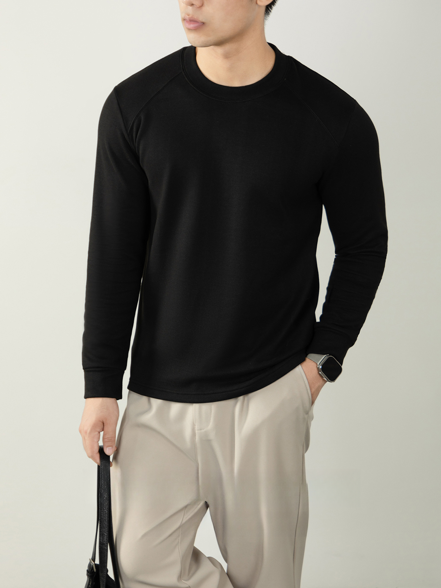 桑蠶絲羊毛混紡雙面絨秋冬內搭長袖T恤圓領輕商務保暖衣