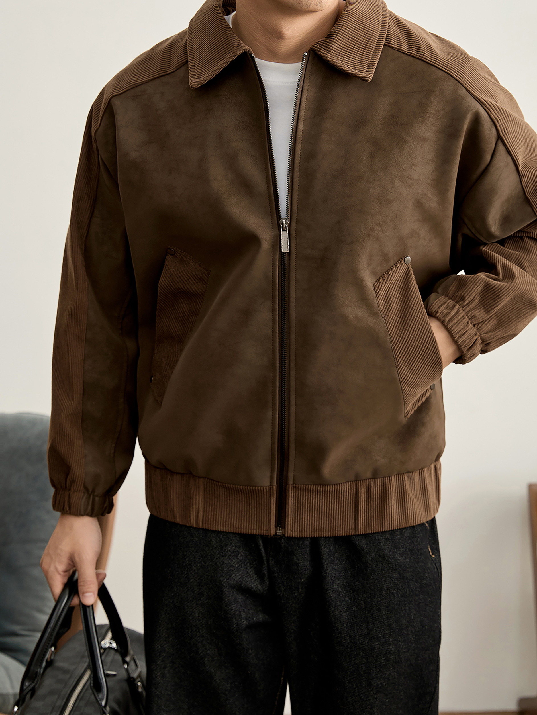 個性潮牌鉚釘拼接式設計PU防風外套燈芯絨插肩袖拼接夾克男