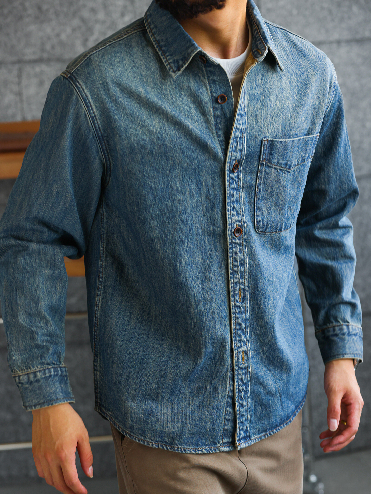 【純棉丹寧】復古長袖牛仔襯衫男100%長絨棉休閒襯衣外套