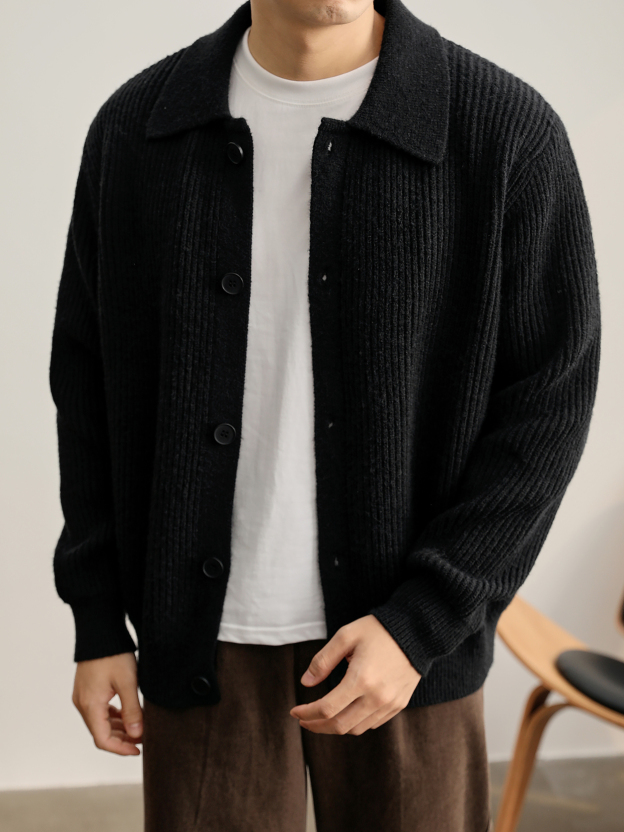 慵懒风坑条肌理感翻领针织开衫毛衣男秋冬简约cleanfit外套