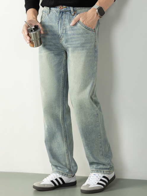 【美式復古】水洗做舊牛仔褲男長褲微闊舒適直筒慵懶時尚休閒褲潮