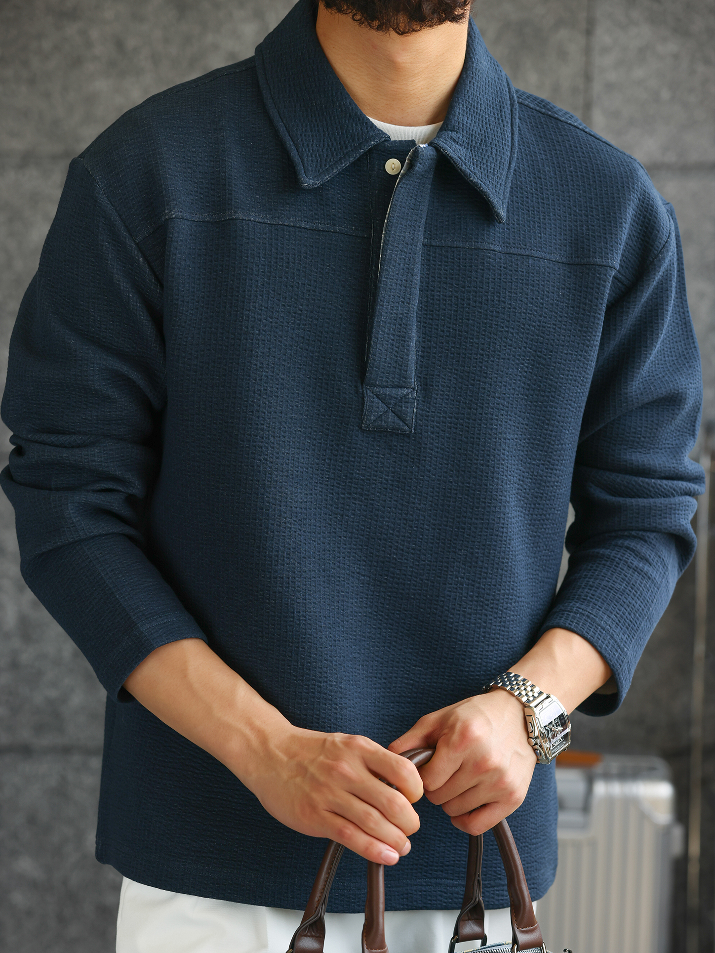 【藍調紳士】空氣層提花肌理半開襟POLO衫男通勤長袖上衣