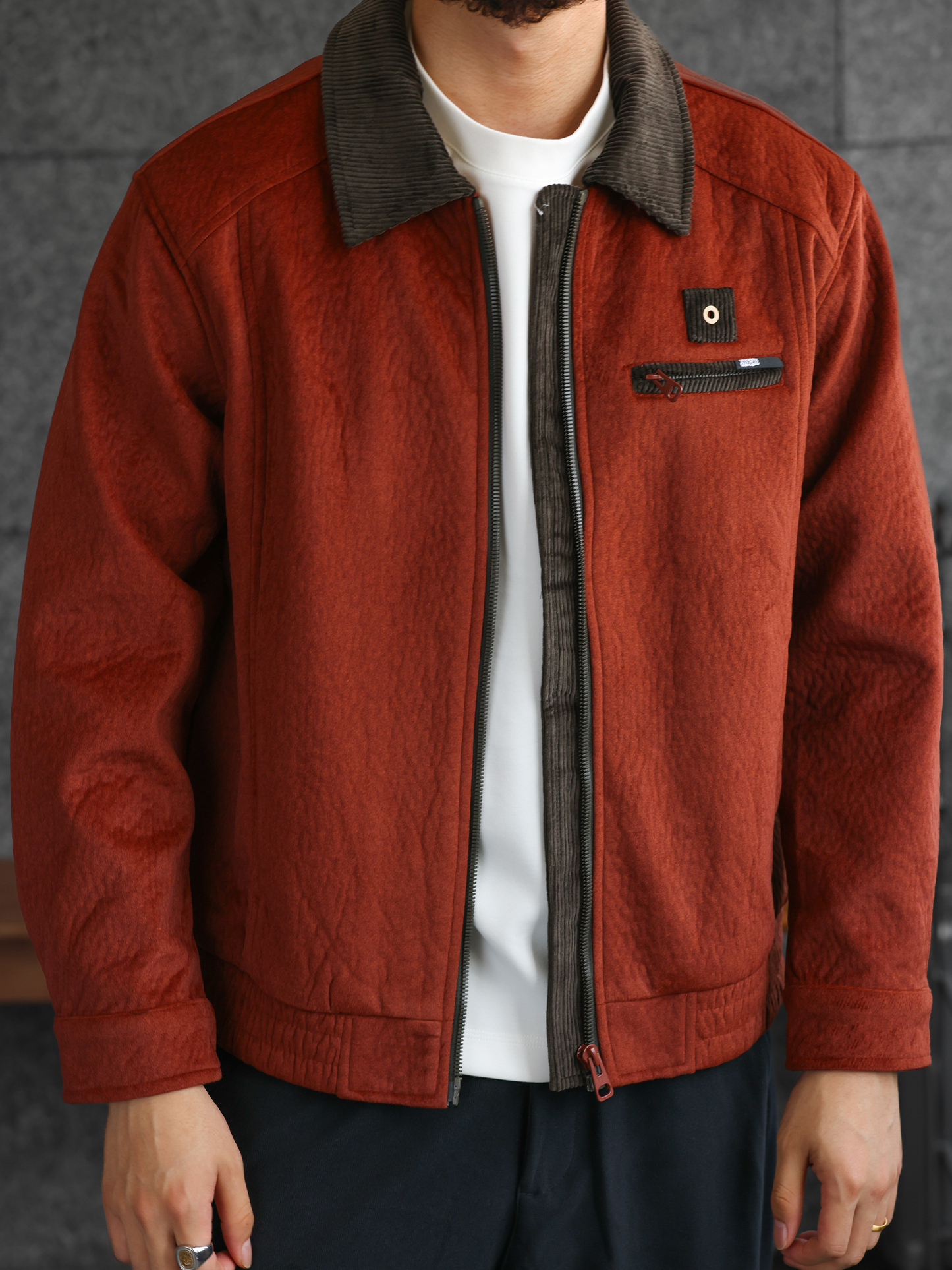 【谷仓美学】重磅灯芯绒撞色翻领毛呢外套男士呢子夹克男