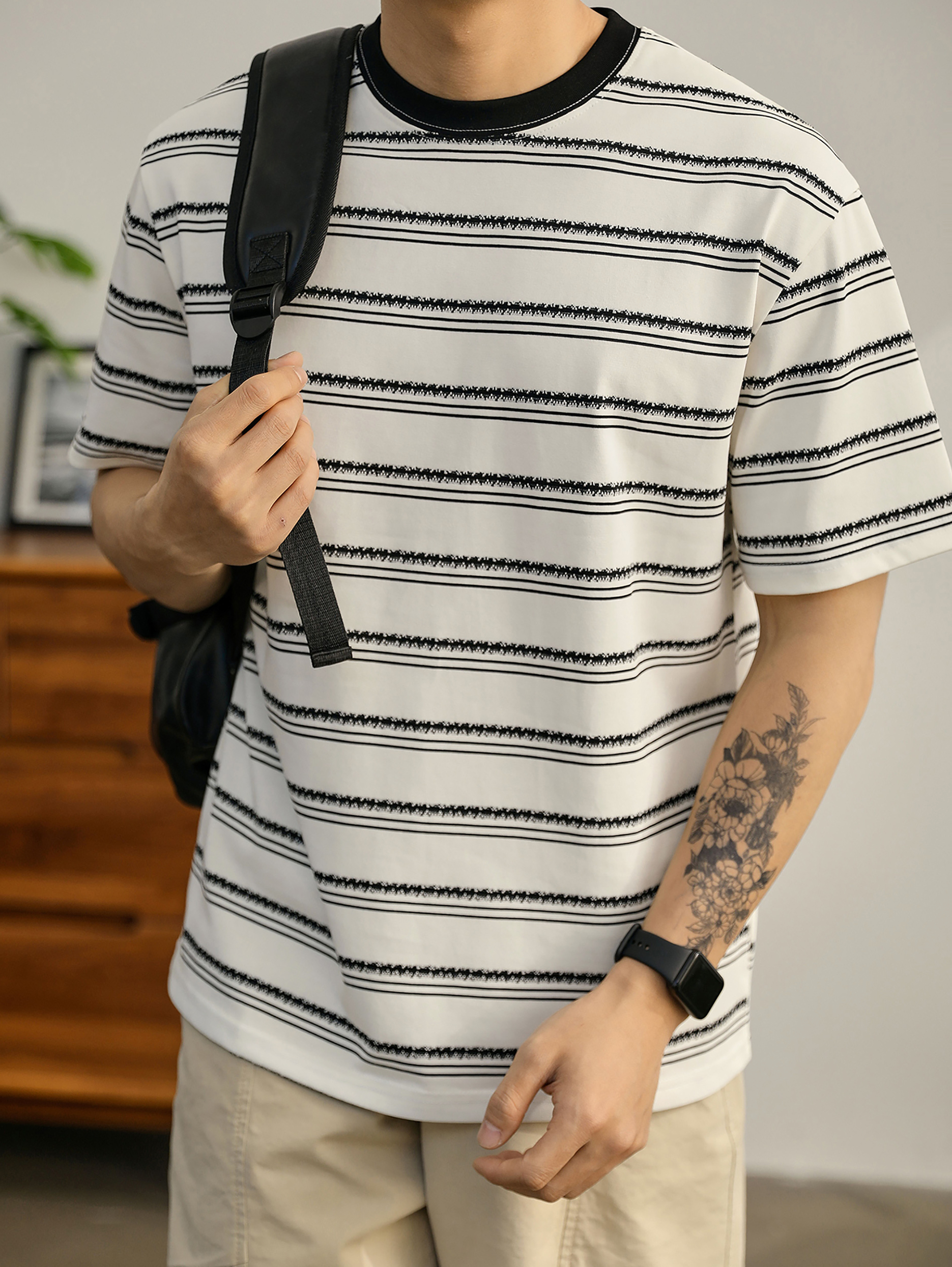 色織提花間色條紋撞色T恤衫復古男士輕奢230g太古棉短袖上衣