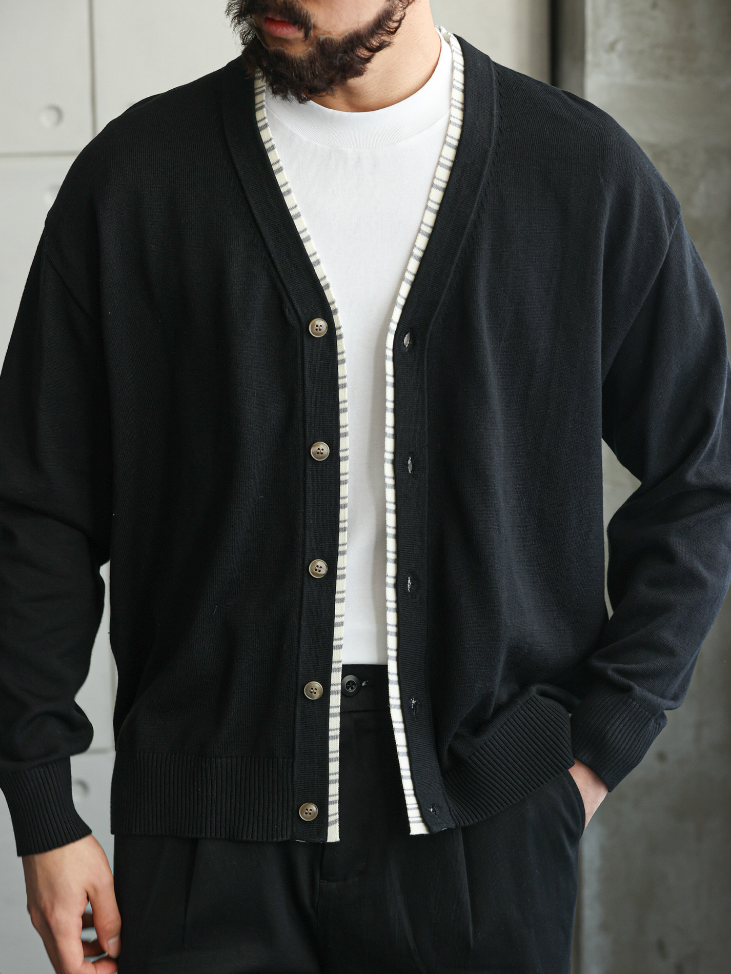 高密28針織帶拼接針織開衫男商務休閒修身長袖V領薄外套