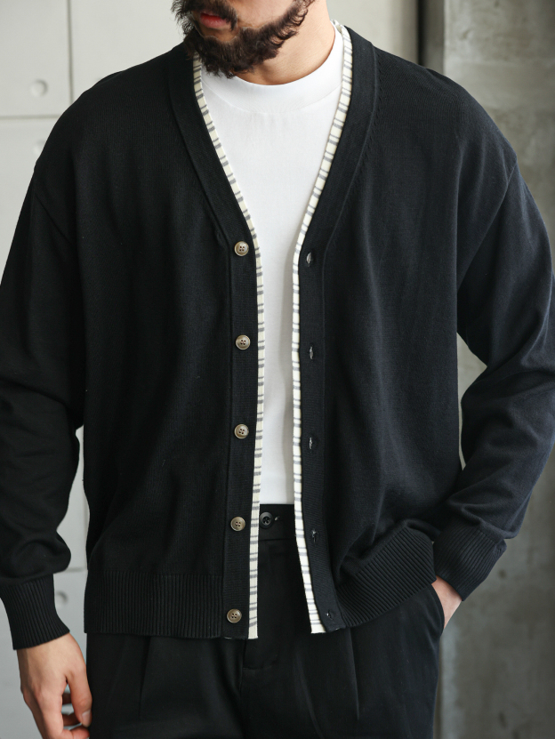 高密28針織帶拼接針織開衫男商務休閒修身長袖V領薄外套