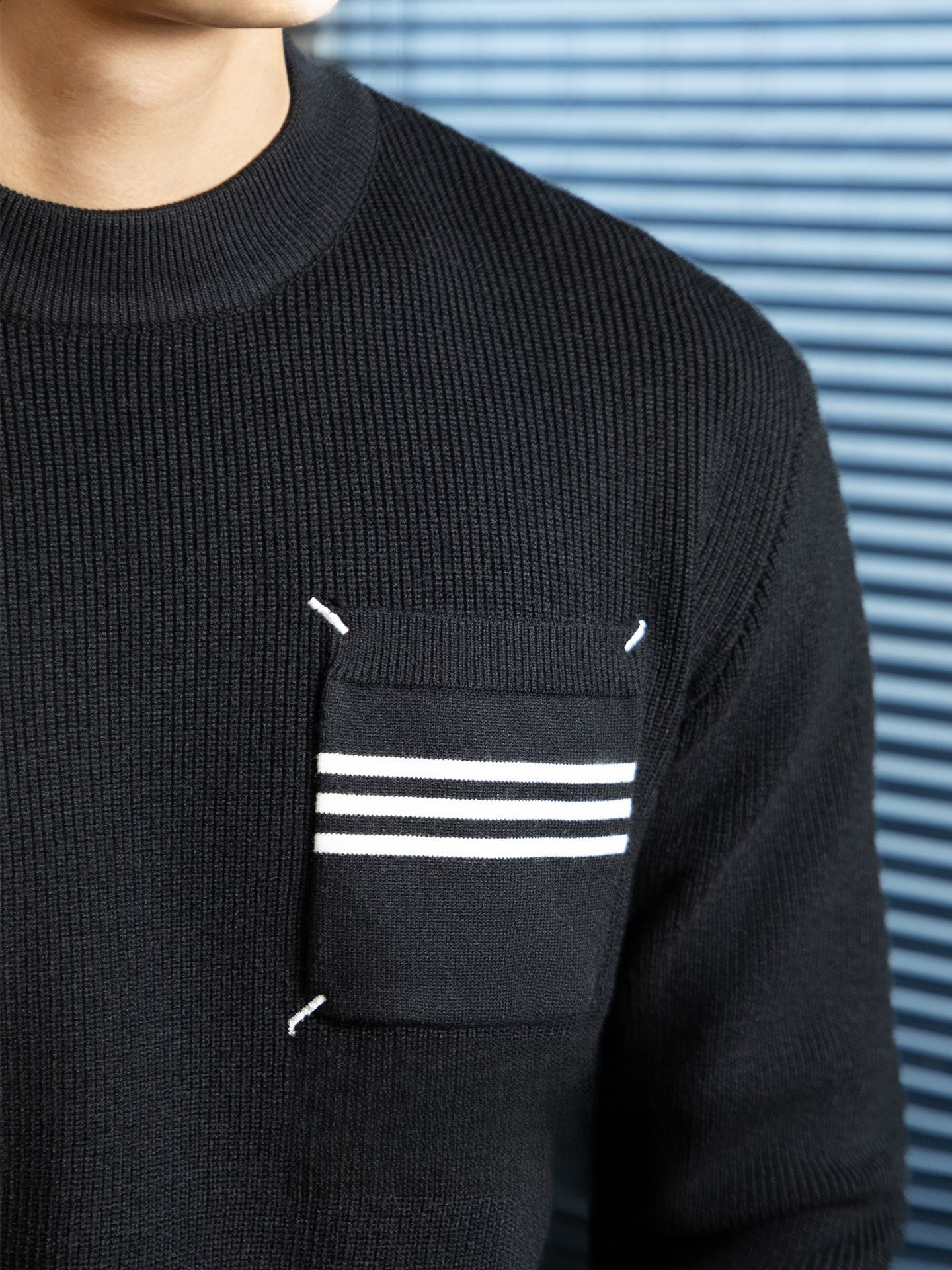 優雅氣質加厚圓領針織衫男士彈力抗起球保暖條紋口袋毛衣2026秋冬