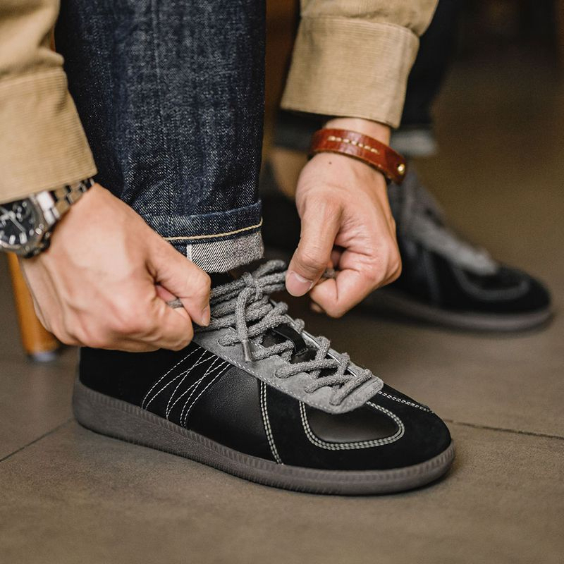 2025春季新款板鞋男低幫復古休閒運動鞋小眾百搭黑色德訓鞋