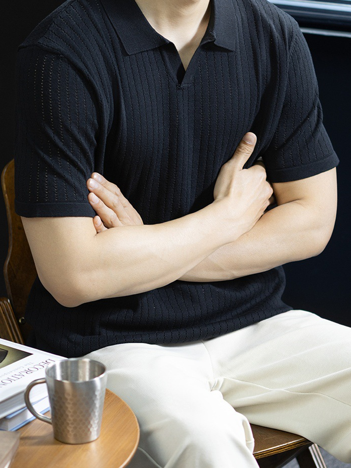 經典意式優雅海鷗領針織POLO衫男士休閒夏季涼感短袖T恤商務高端