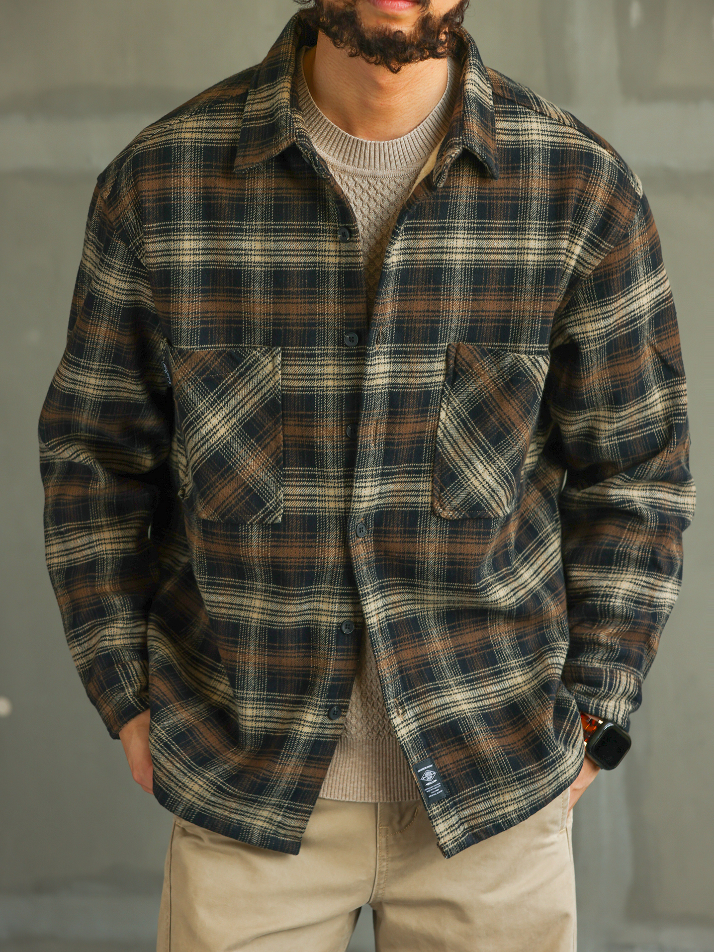 【城際暖域】秋冬純棉格子加絨加厚襯衫男士修身保暖襯衣