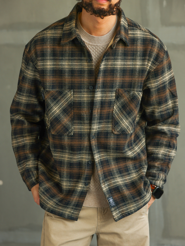 【城際暖域】秋冬純棉格子加絨加厚襯衫男士修身保暖襯衣