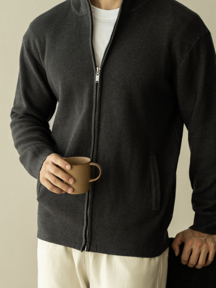 抗起球肌理男針織外套2025春外穿高領拉鍊休閒立領外套