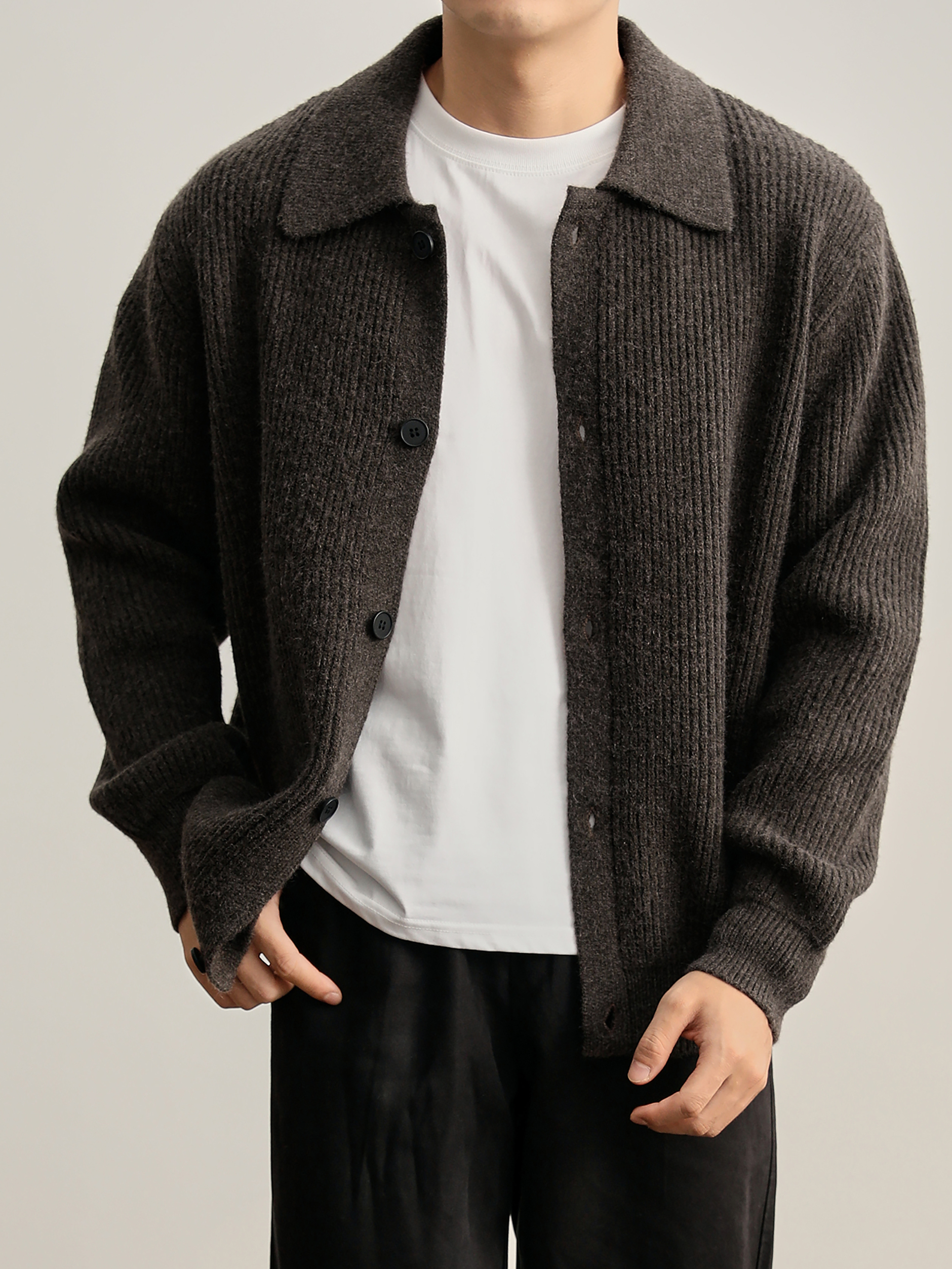 慵懒风坑条肌理感翻领针织开衫毛衣男秋冬简约cleanfit外套