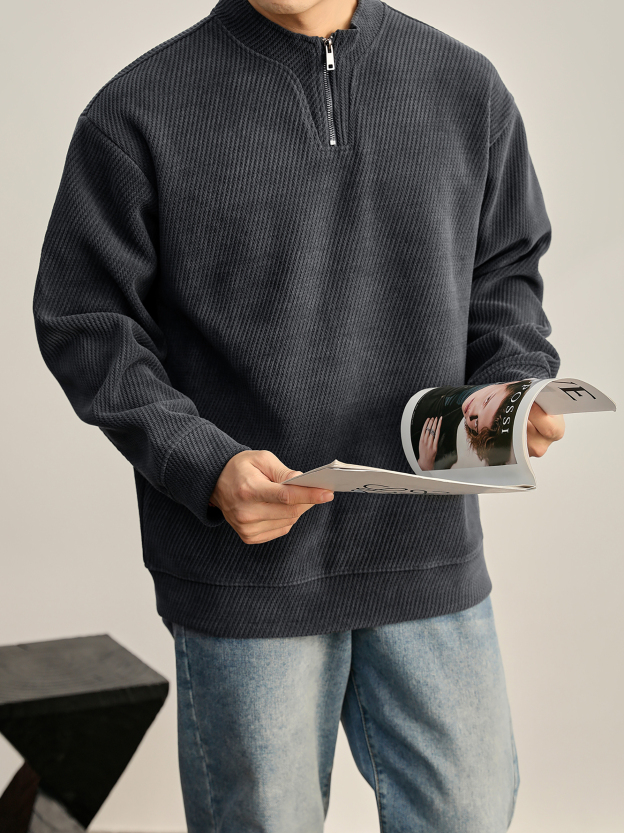 重磅550g斜紋美式半拉鍊衛衣男秋冬慵懶風純色立領長袖上衣
