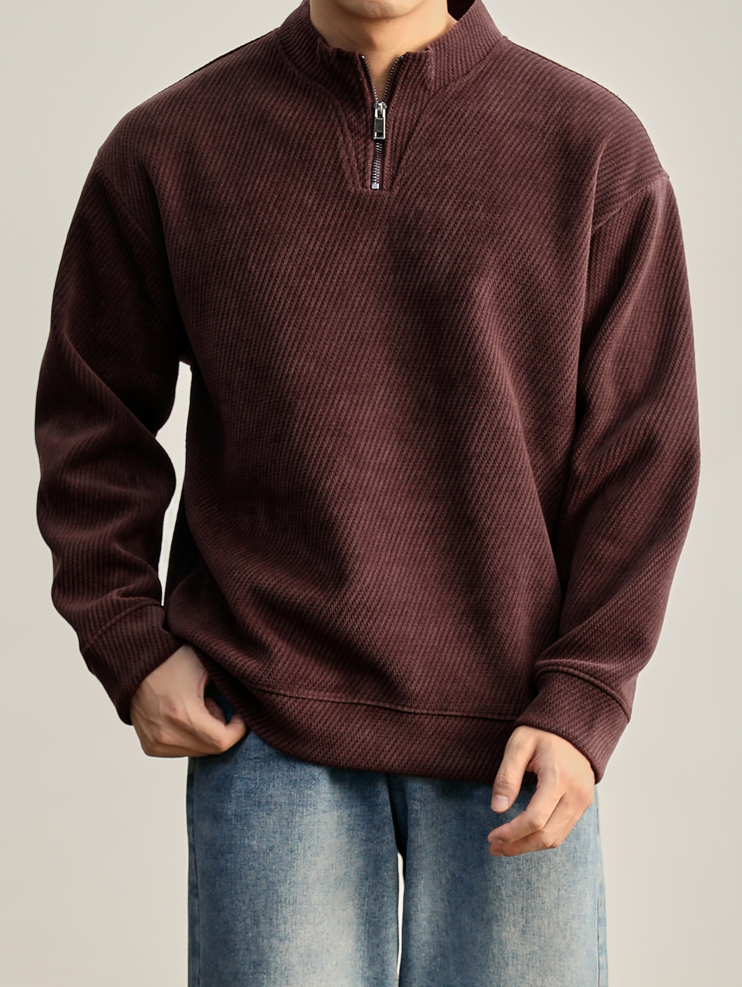 重磅550g斜紋美式半拉鍊衛衣男秋冬慵懶風純色立領長袖上衣