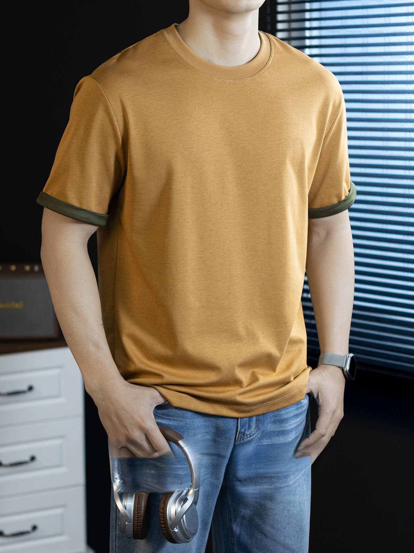 【高階復古】雙紗絲光棉撞色短袖T恤男260G重磅夏季涼感透氣速幹T恤