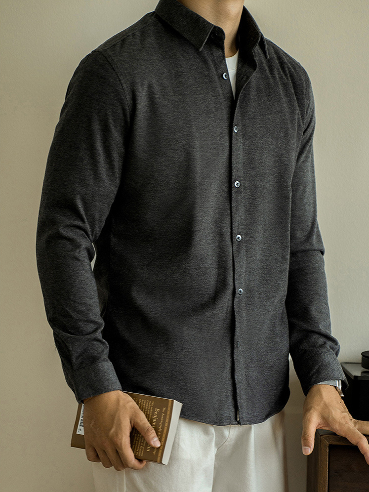 仿羊毛呢秋冬男士長袖襯衫商務休閒純色磨毛襯衣