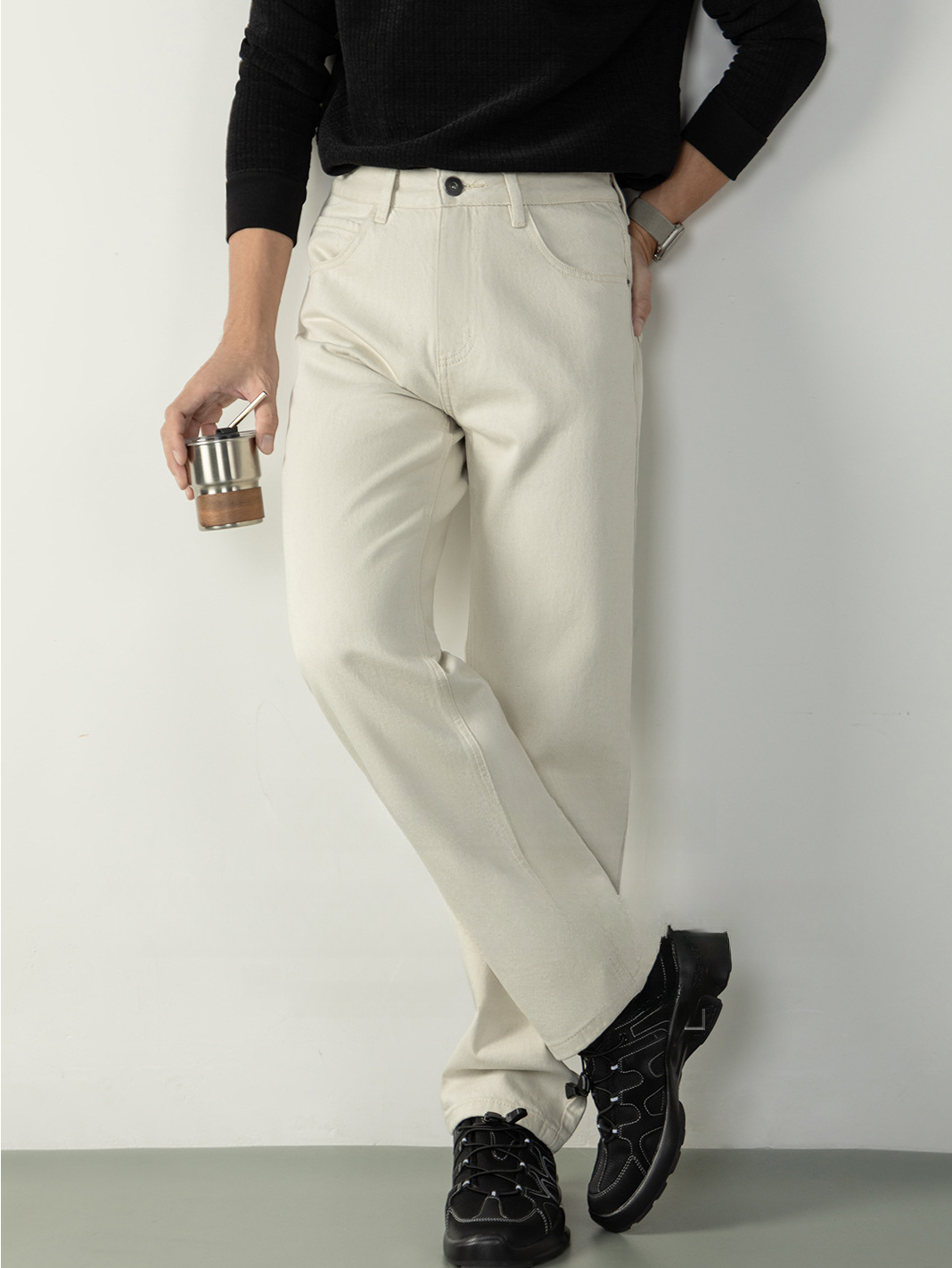 【100%純棉】高級水洗米色微闊牛仔褲男時尚百搭直筒長褲秋冬2025