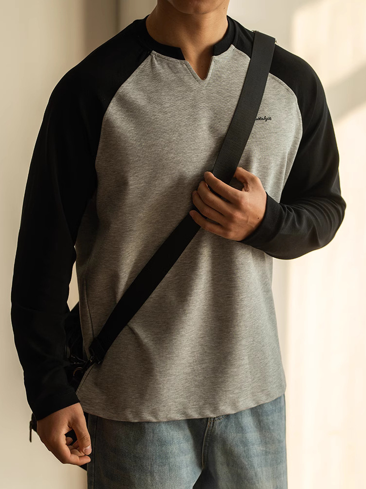 美式運動小V領撞色落肩袖寬鬆衛衣男士春季打底健身長袖T恤